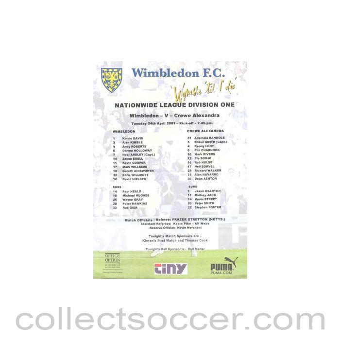 2001 - Wimbledon v Crewe Alexandra official colour teamsheet 24/04/2001 Football League