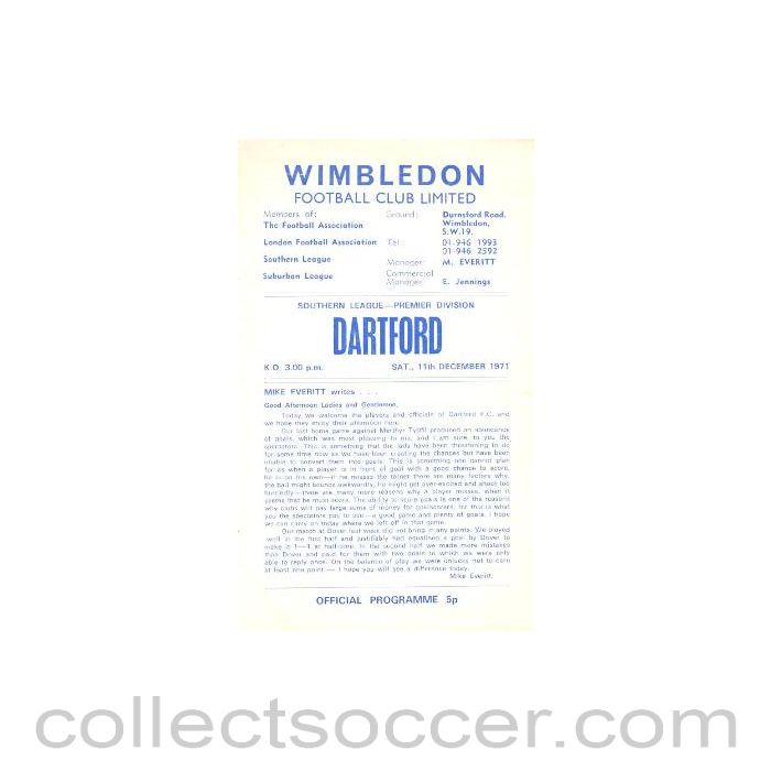 1971 - Wimbledon v Dartford official programme 11/12/1971
