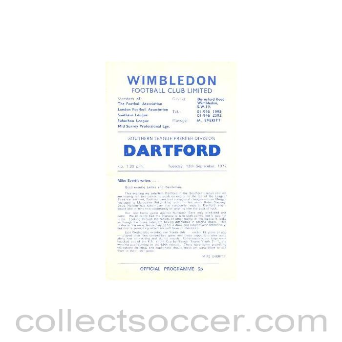 1972 - Wimbledon v Dartford official programme 12/09/1972