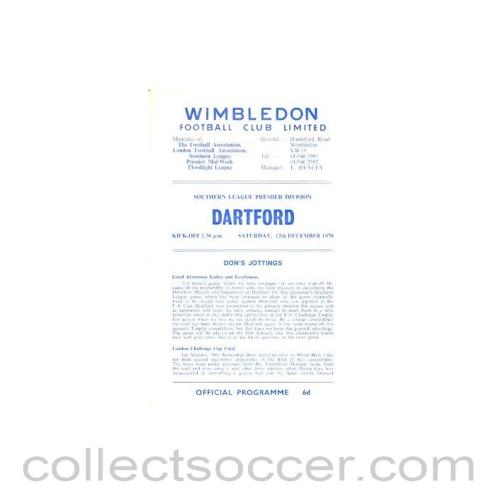 1970 - Wimbledon v Dartford official programme 12/12/1970