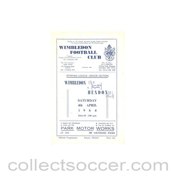 1964 - Wimbledon v Hendon official programme 04/04/1964