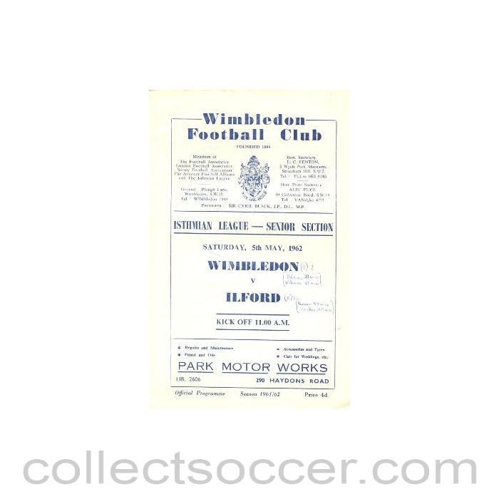 1962 - Wimbledon v Ilford official programme 05/05/1962