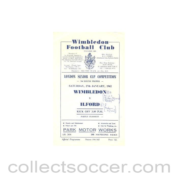 1962 - Wimbledon v Ilford official programme 27/01/1962