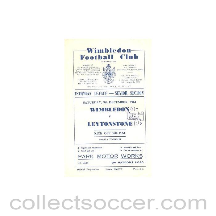 1961 - Wimbledon v Leytonstone official programme 09/12/1961
