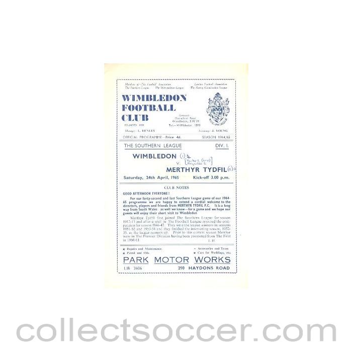 1965 - Wimbledon v Merthyr Tydfil official programme 24/04/1965
