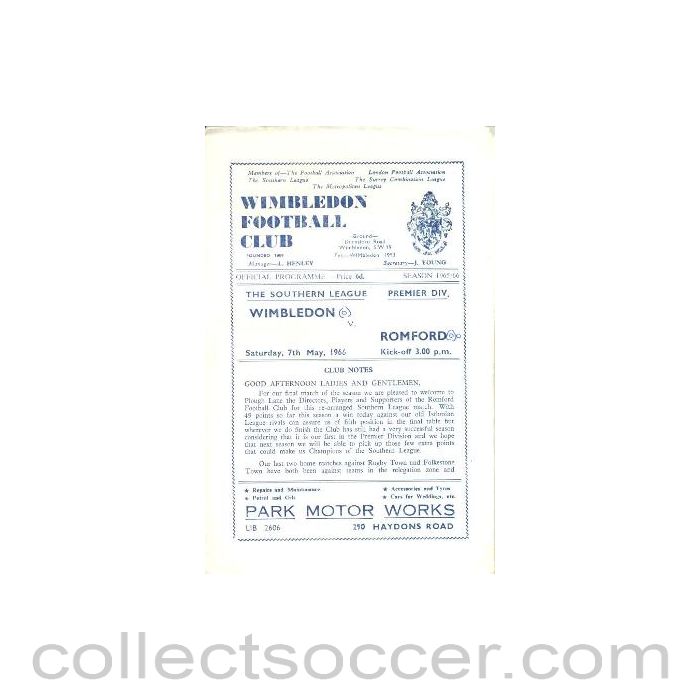 1966 - Wimbledon v Romford official programme 07/05/1966