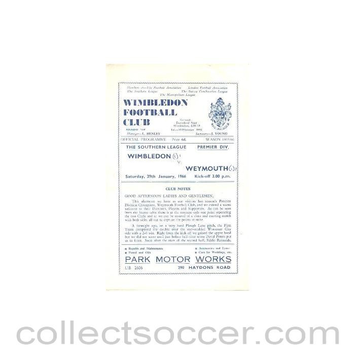 1966 - Wimbledon v Weymouth official programme 29/01/1966