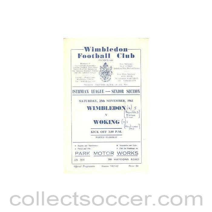 1961 - Wimbledon v Woking official programme 25/11/1961