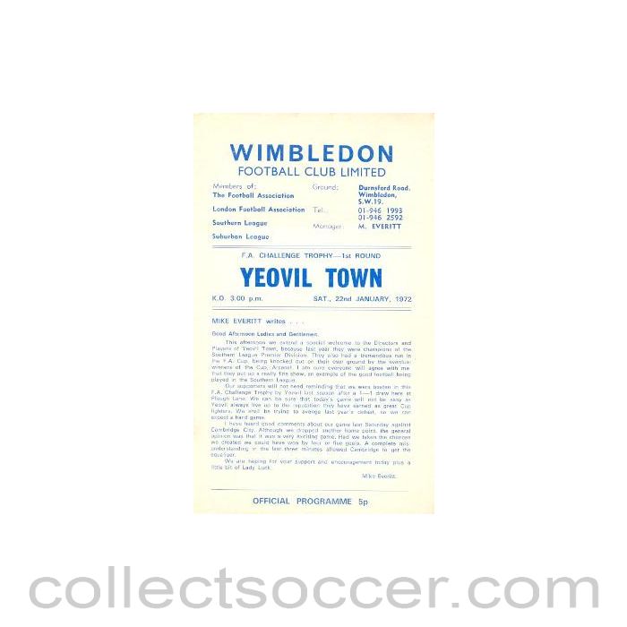 1972 - Wimbledon v Yeovil Town official programme 22/01/1972
