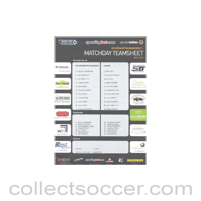 2009 - Wolverhmpton Wanderers v Chelsea 2009-2010 teamsheet