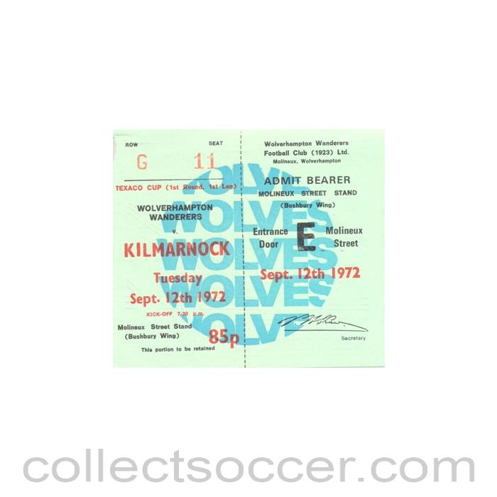 1972 - Wolverhampton Wanderers v Kilmarnock ticket 12/09/1972 Texaco Cup