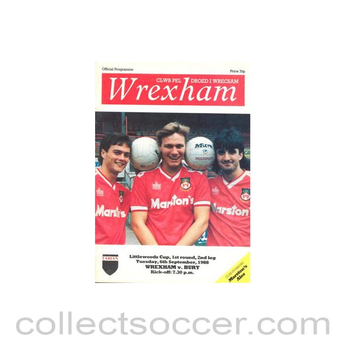 1988 - Wrexham v Bury official programme 06/09/1988 Littlewoods Cup