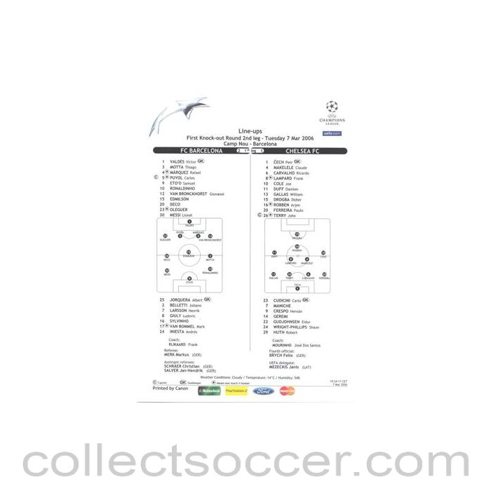 2006 - Barcelona v Chelsea tactical line-ups 07/03/2006 Champions League