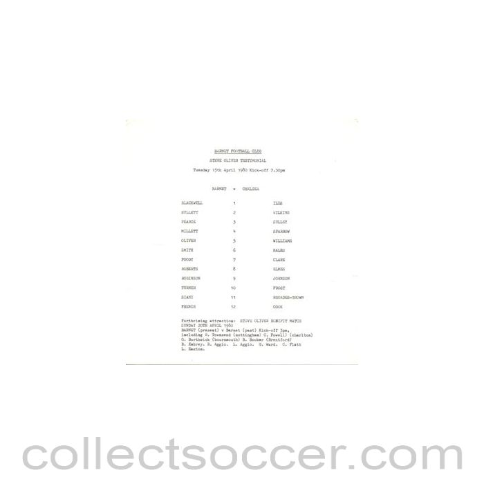 1980 - Barnet v Chelsea official teamsheet 15/04/1980 Steve Oliver Testimonial Match