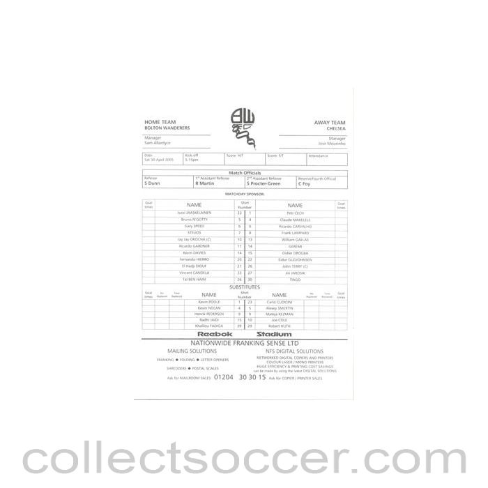 2005 - Bolton Wanderers v Chelsea official teamsheet 30/04/2005