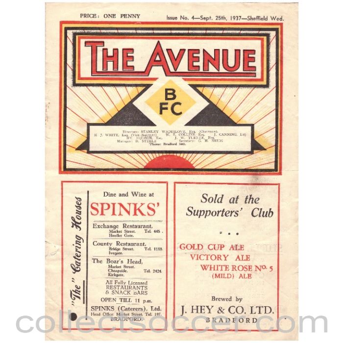 1937 Bradford Park Avenue v Sheffield Wednesday Official Programme