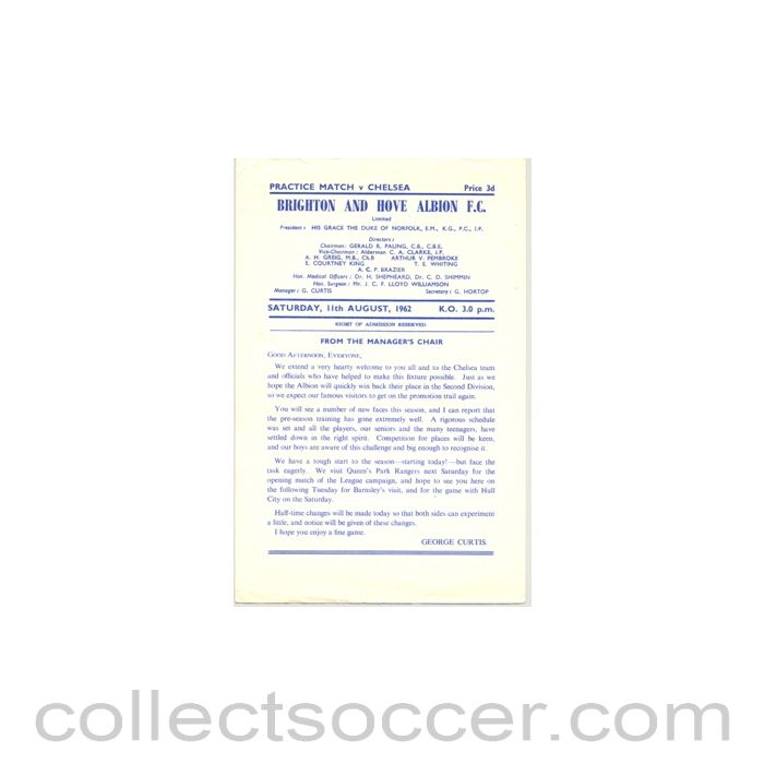1962 - Brighton and Hove Albion v Chelsea practice match 11/08/1962