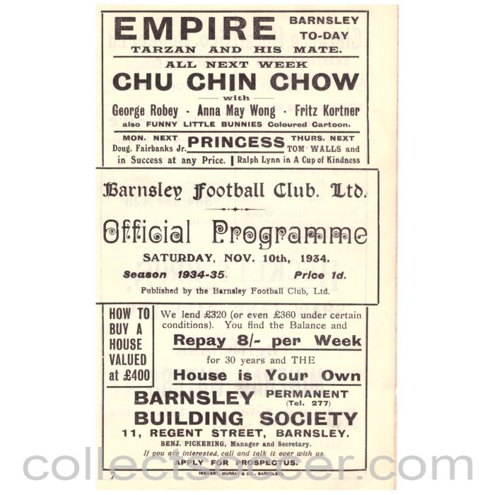 1934 Barnsley v West Ham United Official Programme