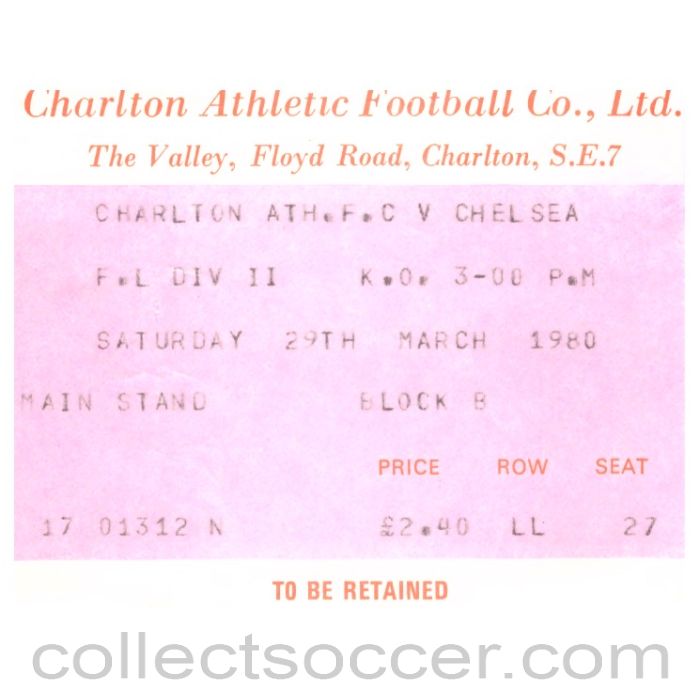 1980 Charlton v Chelsea Football Ticket