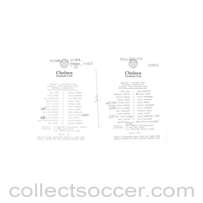 1982 - Chelsea v Leicester 28/09/1982 and Chelsea v Swindon 25/01/1983 Reserves official teamsheet Football Combination