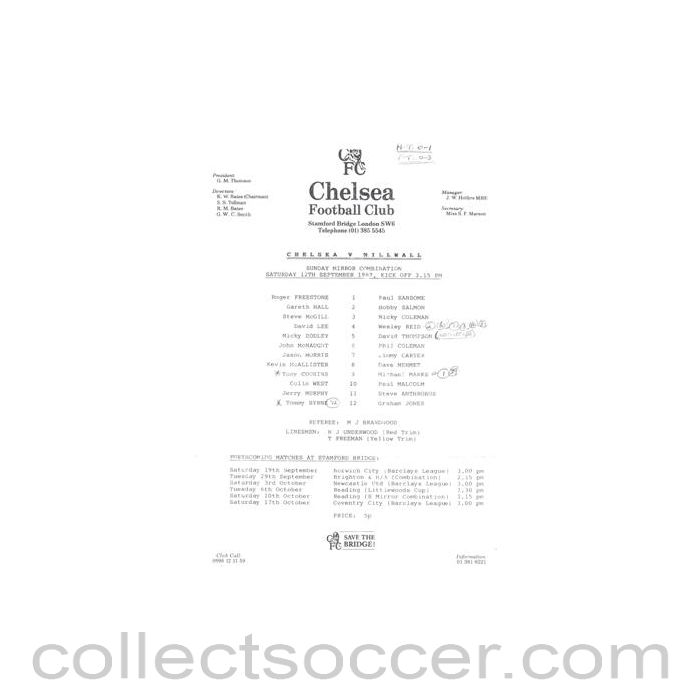 1987 - Chelsea v Millwall Reserves official teamsheet 12/09/1987 Football Combination