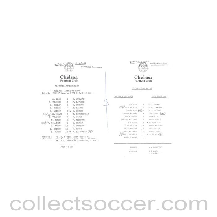 1981 - Chelsea v Norwich 28/02/1981 and Chelsea v Leicester 25/03/1982 Reserves official teamsheet Football Combination