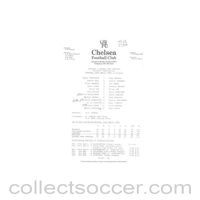 1987 - Chelsea v Queen's Park Rangers Reserves official teamsheet 14/04/1987 Football Combination