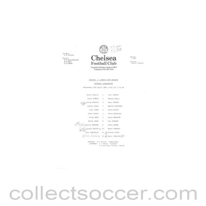 1985 - Chelsea v Queen's Park Rangers Reserves official teamsheet 24/04/1985 Football Combination
