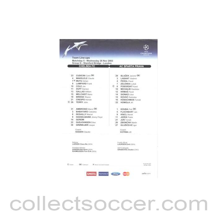 2003 - Chelsea v Sparta Prague official colour teamsheet 26/11/2003 Champions League