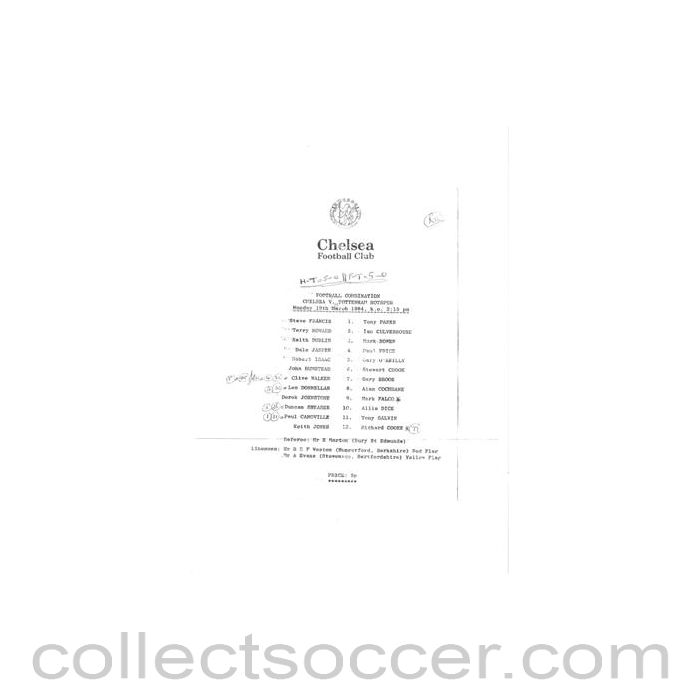 1984 - Chelsea v Tottenham Hotspur Reserves official teamsheet 19/03/1984 Football Combination