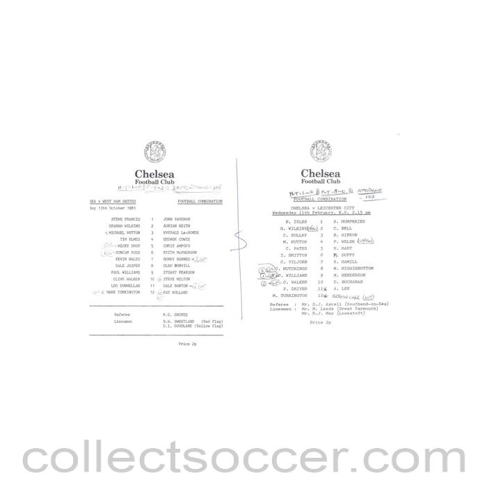 1981 - Chelsea v West Ham United 13/10/1981 and Chelsea v Leicester 11/02/1982 Reserves official teamsheet Football Combination