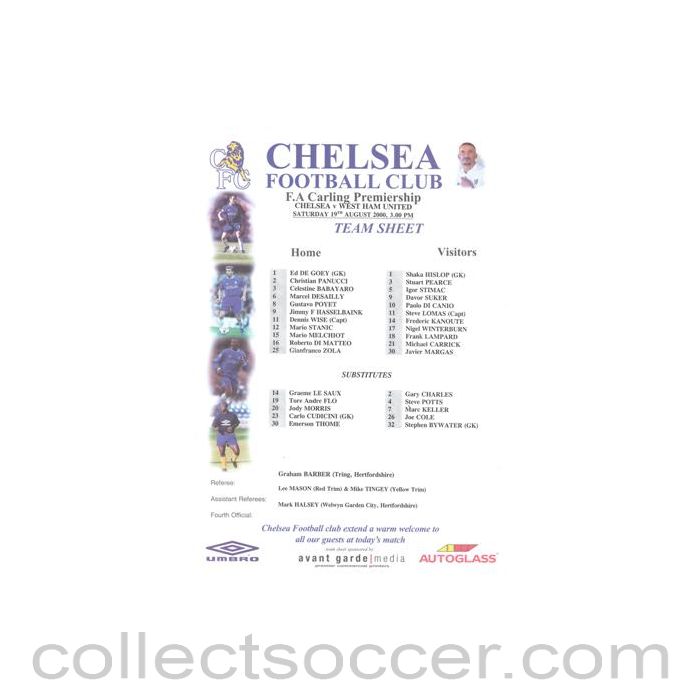 2000 - Chelsea v West Ham United official colour teamsheet 19/08/2000 Carling Premiership