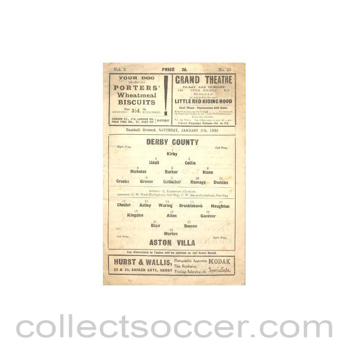 1935 - Derby County v Aston Villa official programme 05/01/1935
