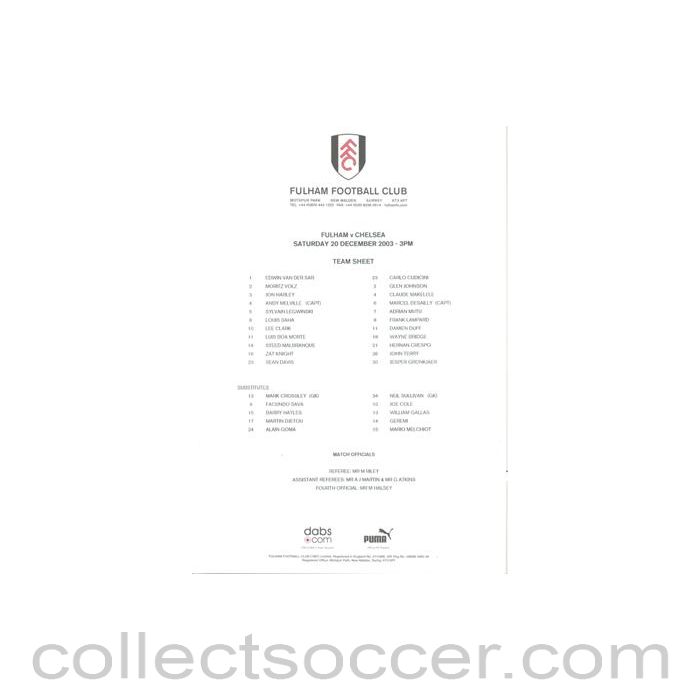 2003 - Fulham v Chelsea official colour teamsheet 20/12/2003