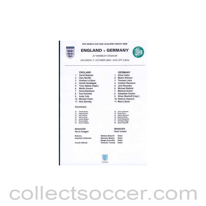 2000 - England V Germany 07/10/2000 Last at Wembley Teamsheet, 2002 World Cup Qualifier