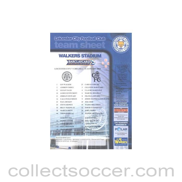 2004 - Leicester City v Chelsea official colour teamsheet 11/01/2004 Premier League