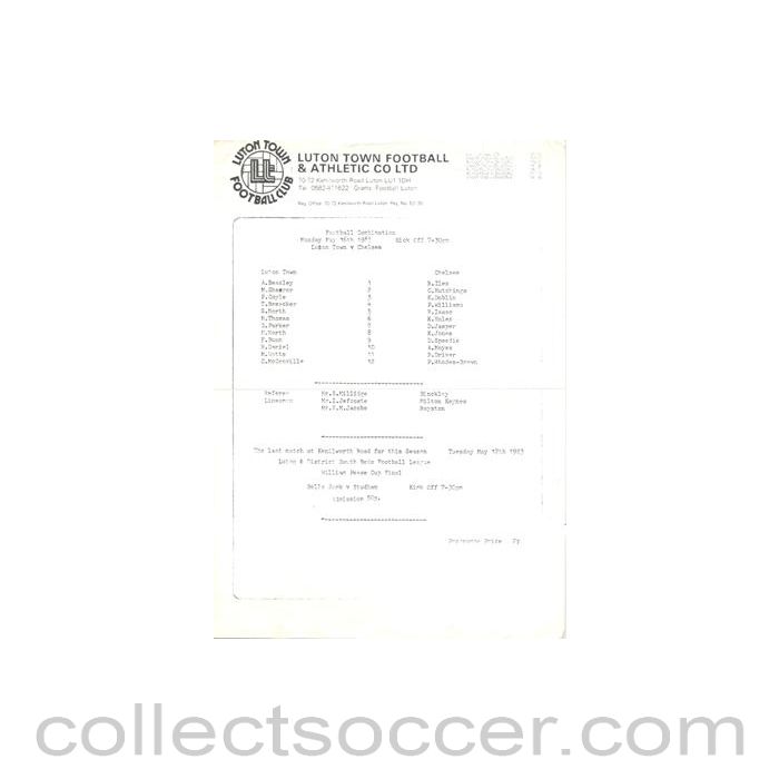 1983 - Luton Town v Chelsea Reserves official colour teamsheet 16/05/1983 Football Combination