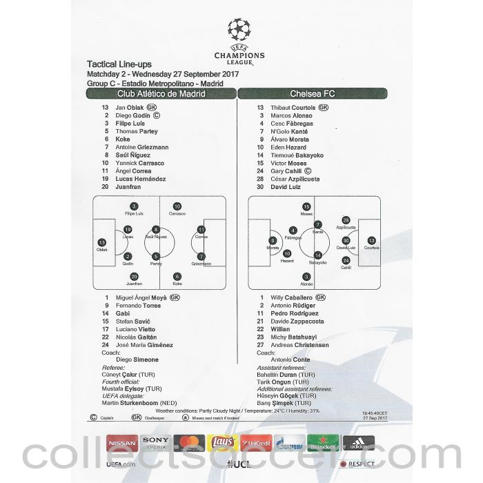 2017 - Atletico Madrid v Chelsea Teamsheet/Programme 27/09/2017