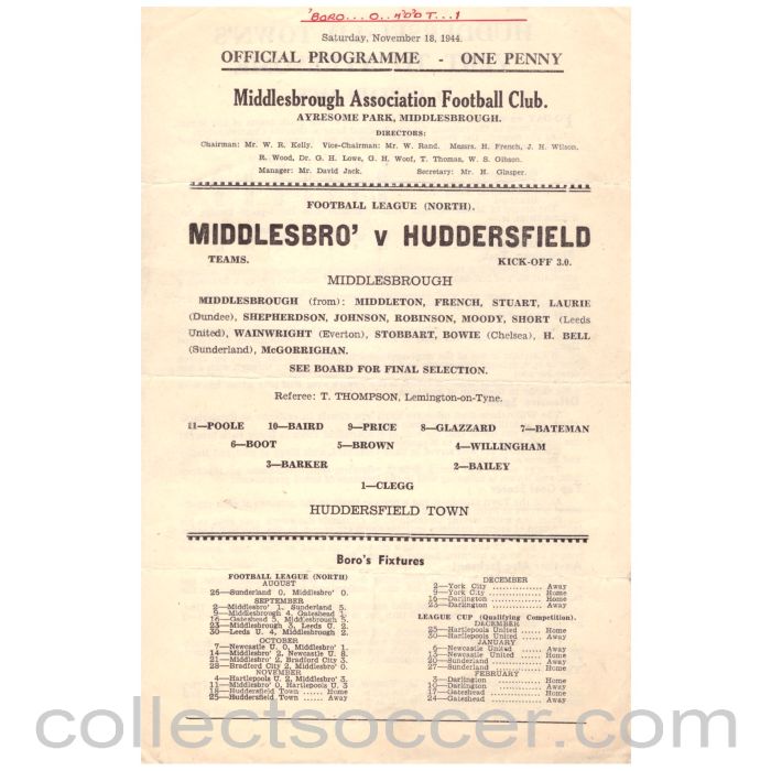 1944 Middlesbrough v Huddersfield Football Programme