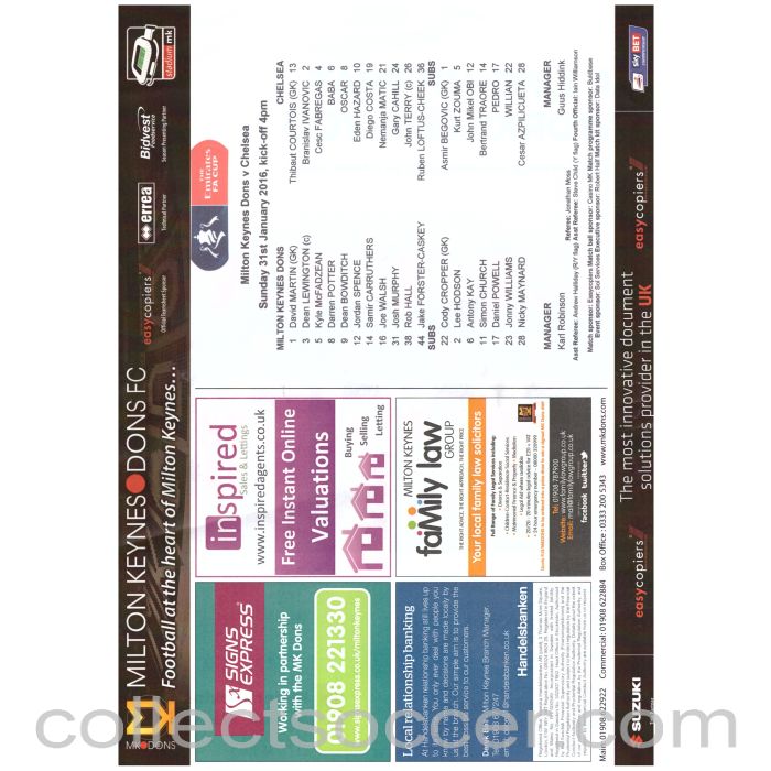 2016 MK Dons v Chelsea FA Cup 4th Round Original Teamsheet