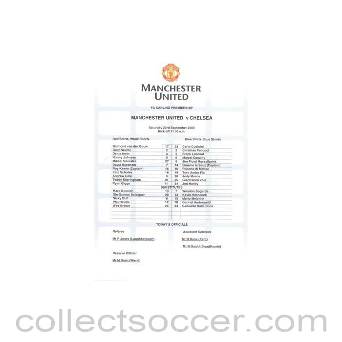 2000 - Manchester United v Chelsea official colour teamsheet 23/09/2000 Carling Premiership