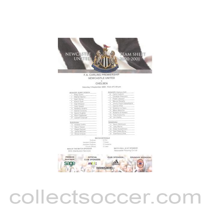2000 - Newcastle United v Chelsea official colour teamsheet 09/09/2000 Carling Premiership