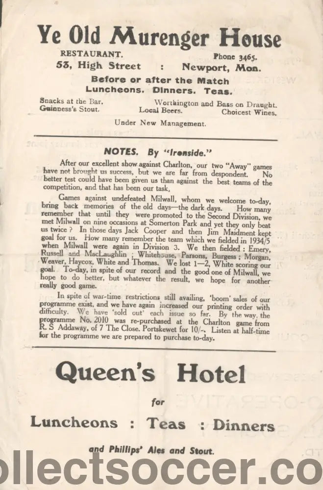 Newport County v Millwall 29/9/1945 Programme