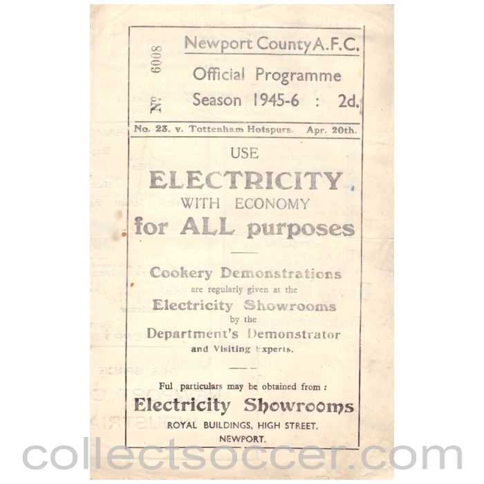 1946 Newport County v Tottenham Hotspur Official Programme