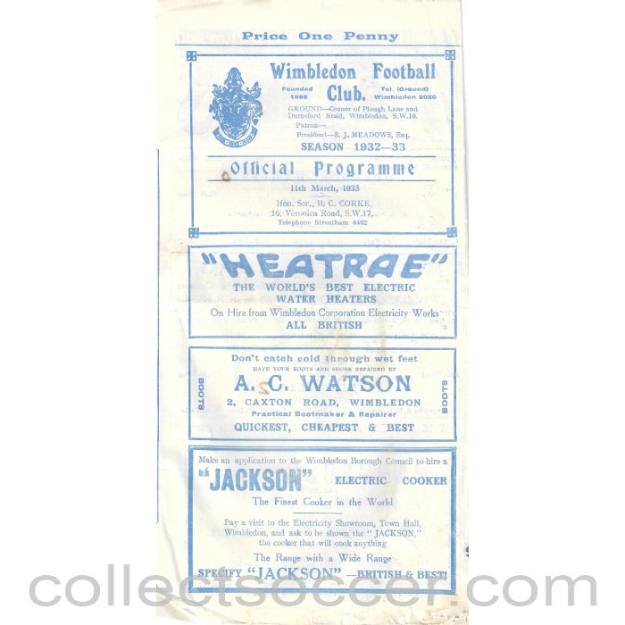 1933 - At Wimbledon FC LSC Semi Final Dulwich Hamlet v Finchley Programme