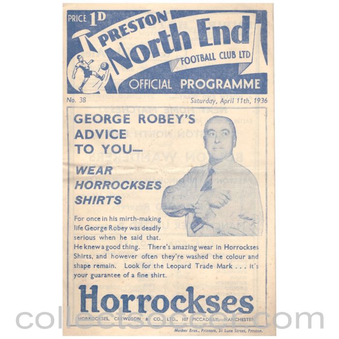 1936 Preston North End v Liverpool Official Programme