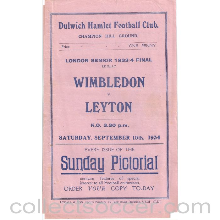 1934 - Wilmbledon v Leyton London Senior Cup Final 15/9/1934 Official Programme