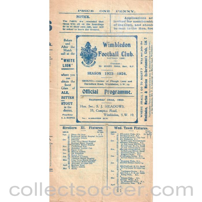 1923 - VERY RARE (some paper loss) - Wimbledon v Northampton Nomads First team Friendly 22/9/1923