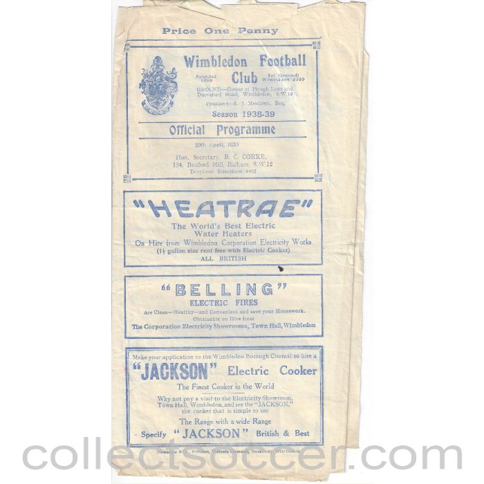 1939 - Wimbledon v Dulwich Hamlet 29/4/1939 Official Programme