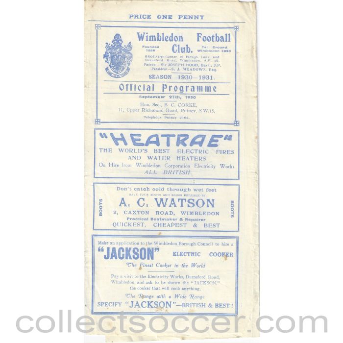 1930 - Wimbledon v Mitcham Wanderers Surrey Charity Shield 27/9/1930 Official Programme